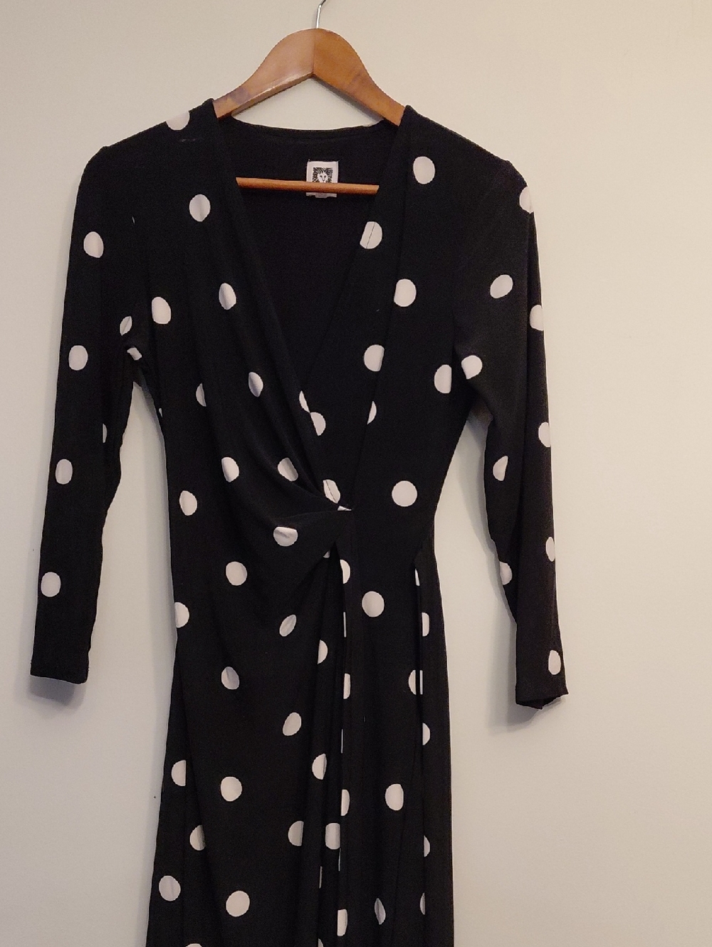 Anne Klein Black Polka Dot Long-Sleeve Twist-Waist Dress